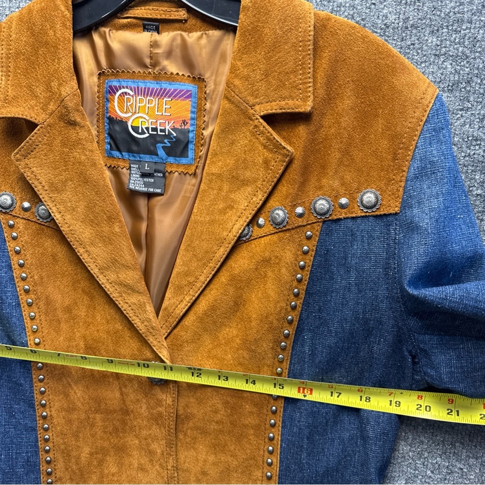Stunning Cripple Creek Brown Leather Jacket w/ heavy Blue Jean Fabric & Conchos - Picture 14 of 16